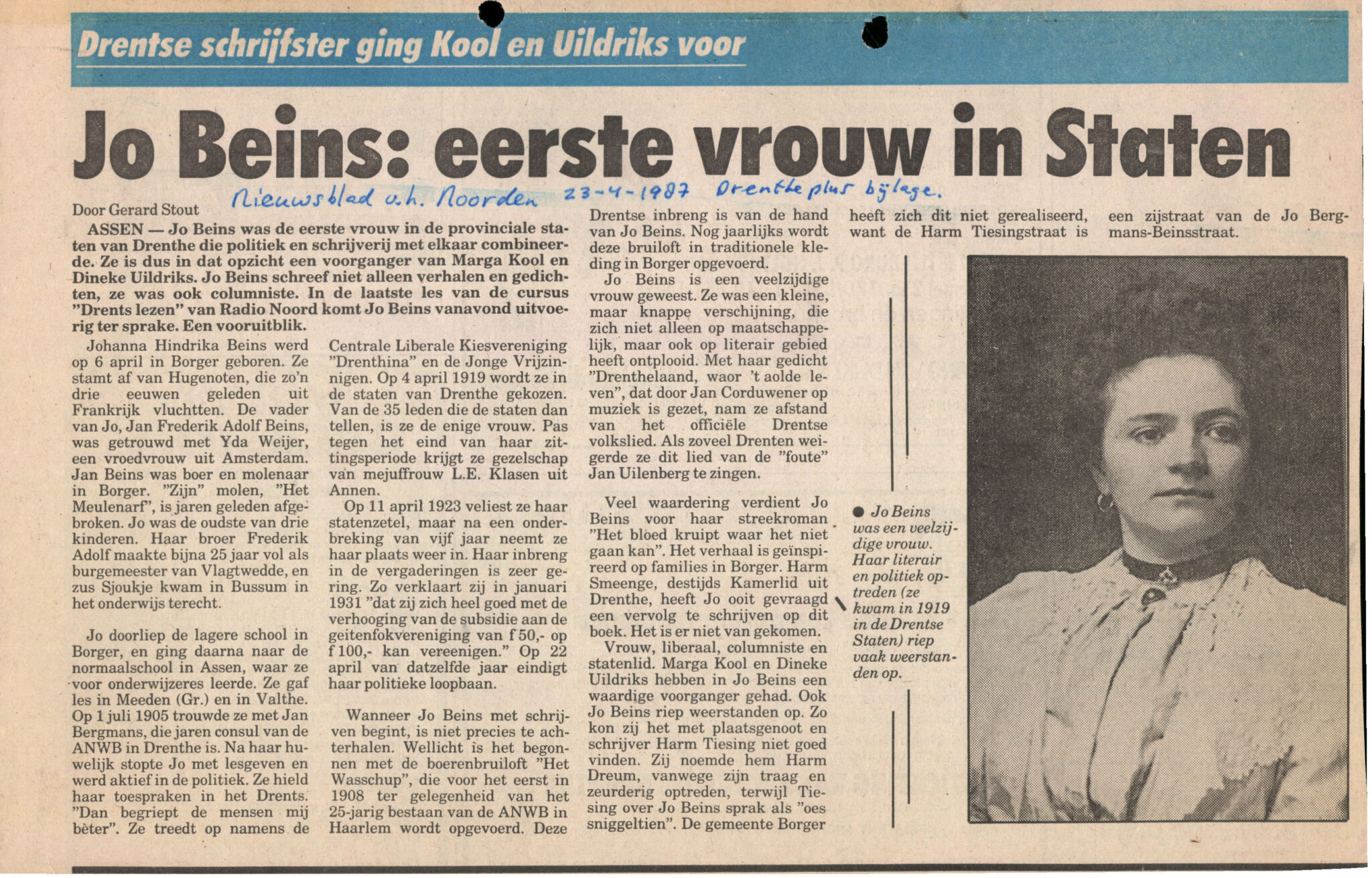 Jo-Beins-Eerste-vrouw-in-Staten-N.v.h.N.-23-04-1987-Drenthe-plus-bijlage-1-scaled Johanna Bergmans-Beins